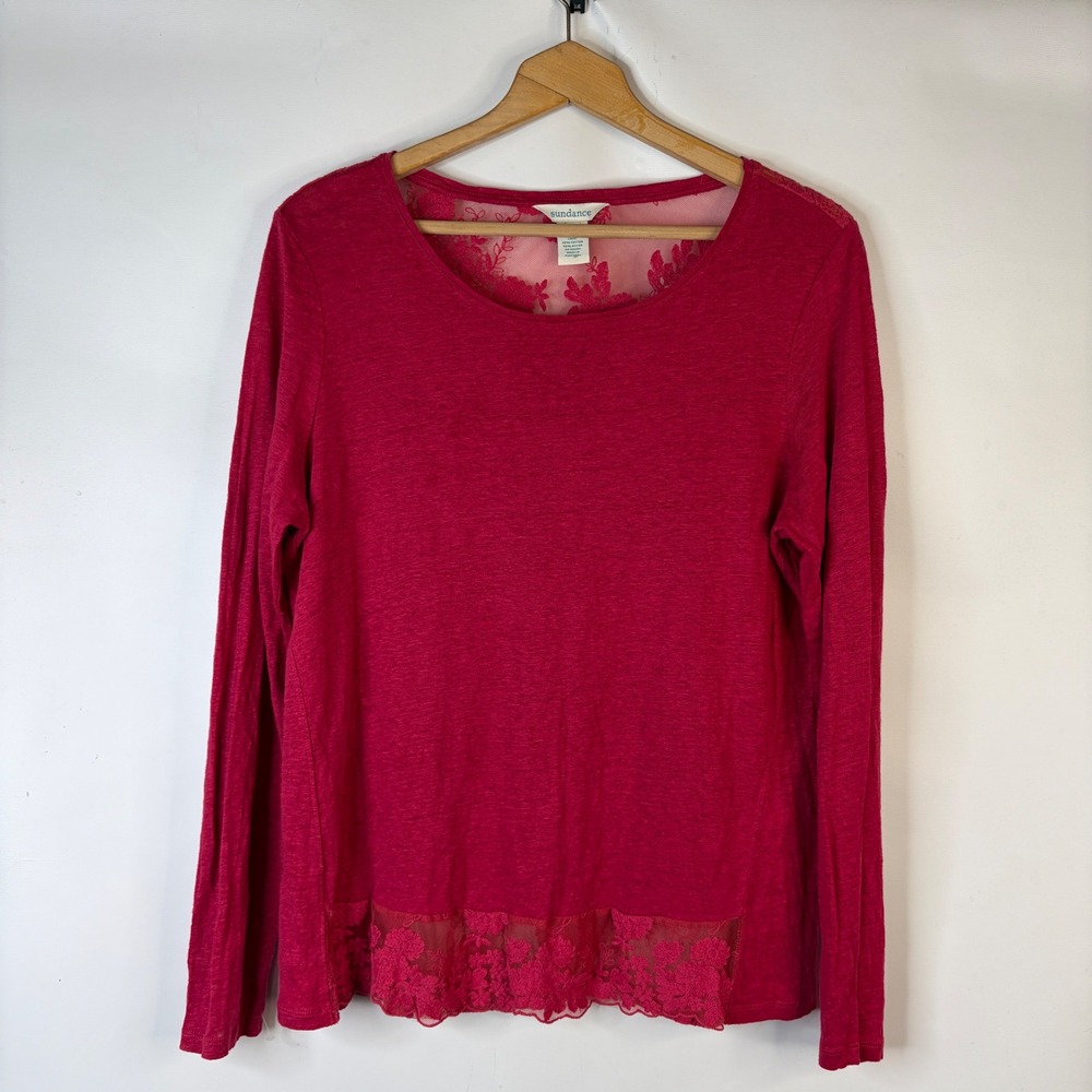 Sundance Linen Lace Back Top Women XL Pink Long Sleeve Floral Boho Scoop Neck